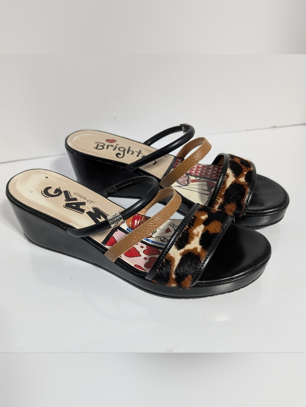 Brighton Leopard & Black Wedge Sandals with Tan Straps